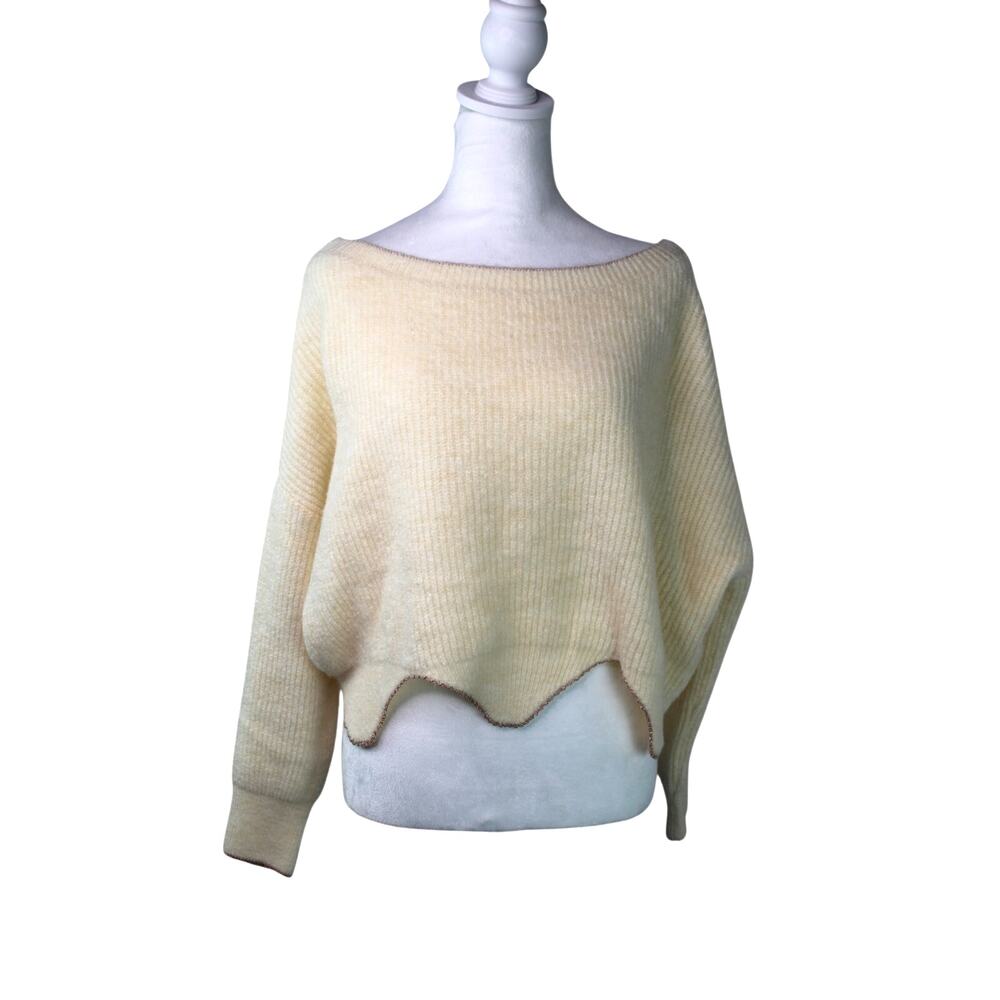 Farm Rio Cropped Sweater Scallop Hem Metallic Gold Cream Small - Picture 2 of 10